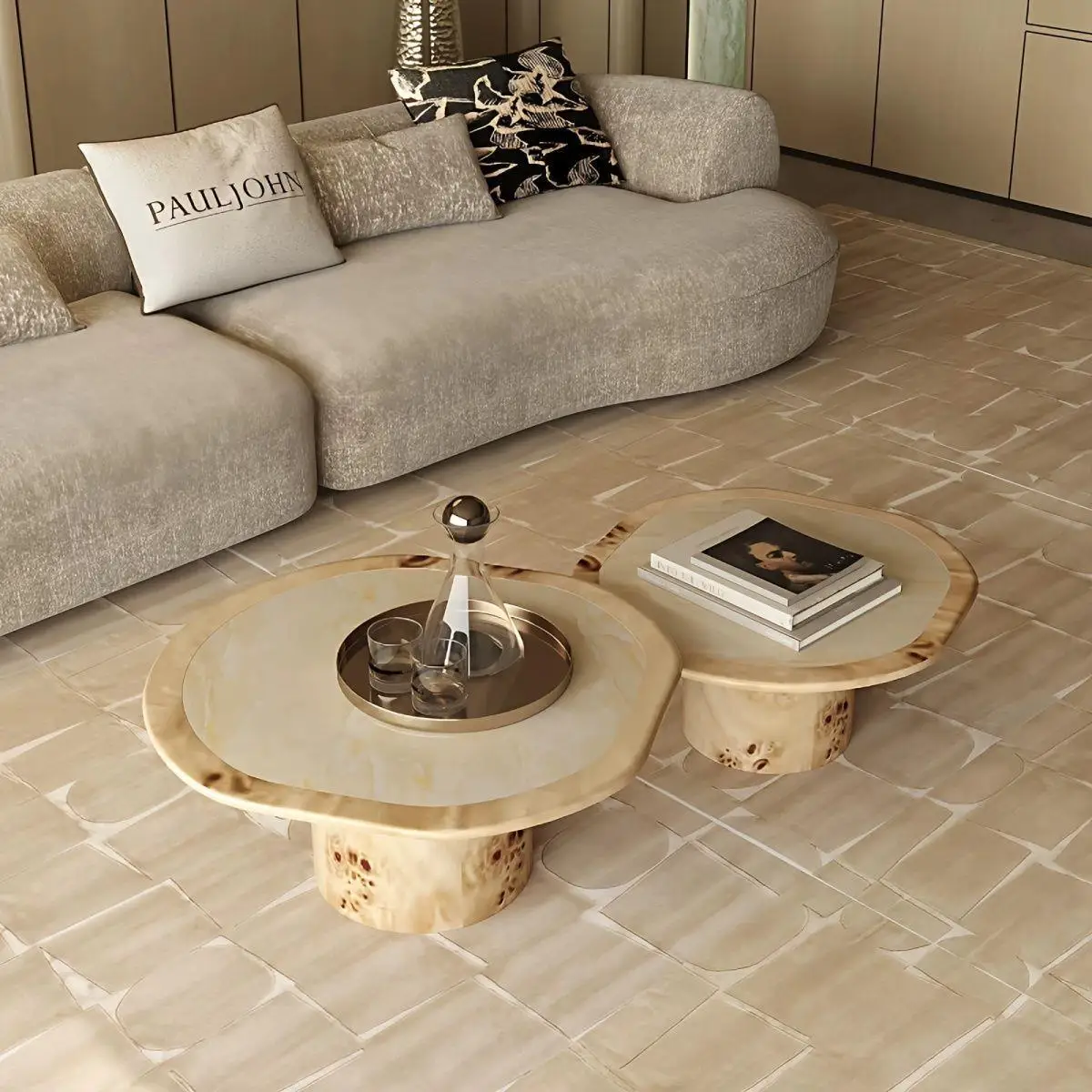 French ancient style, creative solid wood living room coffee table combination, light luxury high-end, cloud marble