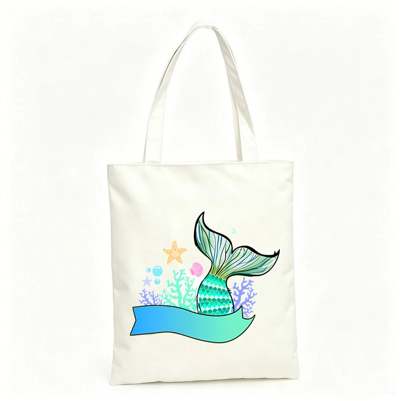 Women's mermaid tail print canvas tote bag, casual style for summer outings and beach trips