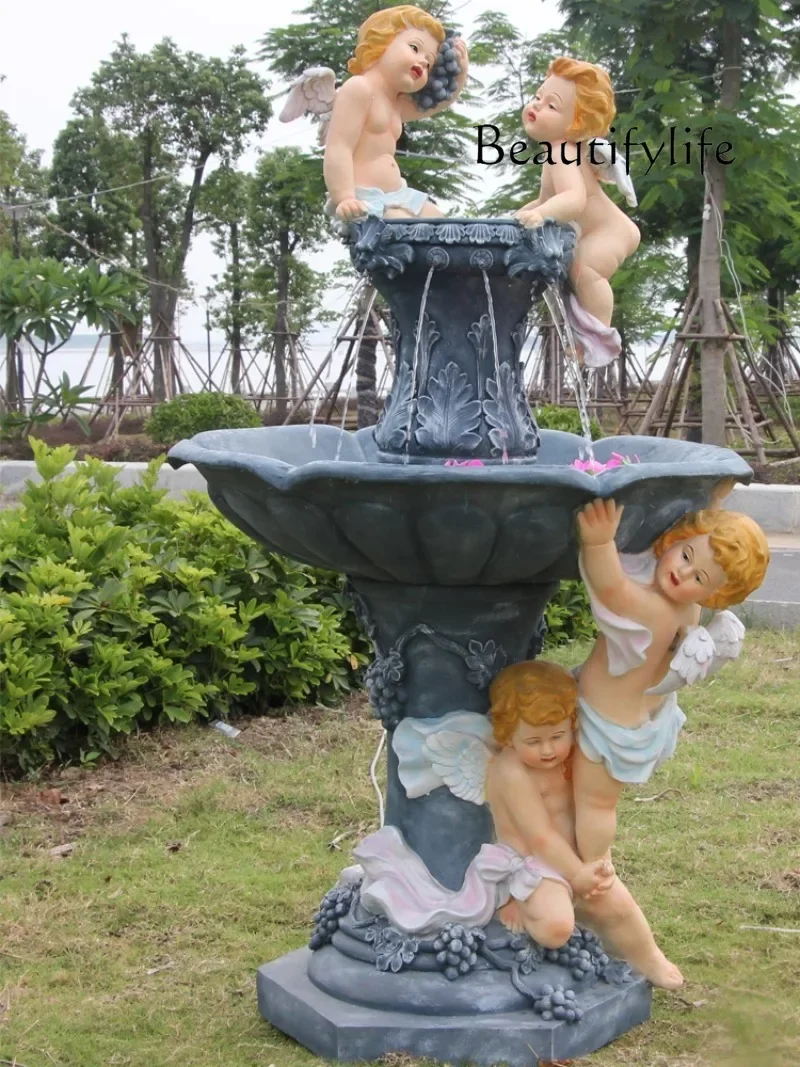 C Angel Flowing Water Fountain Fish Pond Sculpture Craft Home Outdoor Water Feature Decoration Character Floor Villa Ornament