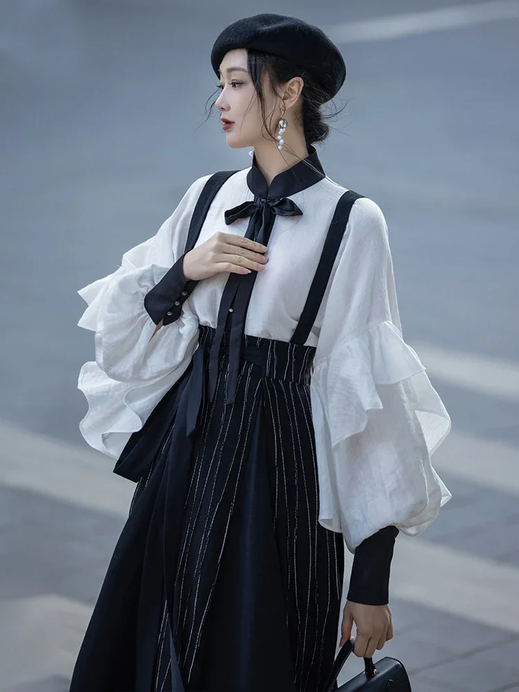 New Chinese Style Original Chinese Style Hanfu Back Strap Ruffled Edge Improved Stand-up Collar Shirt Female Spring and Summer