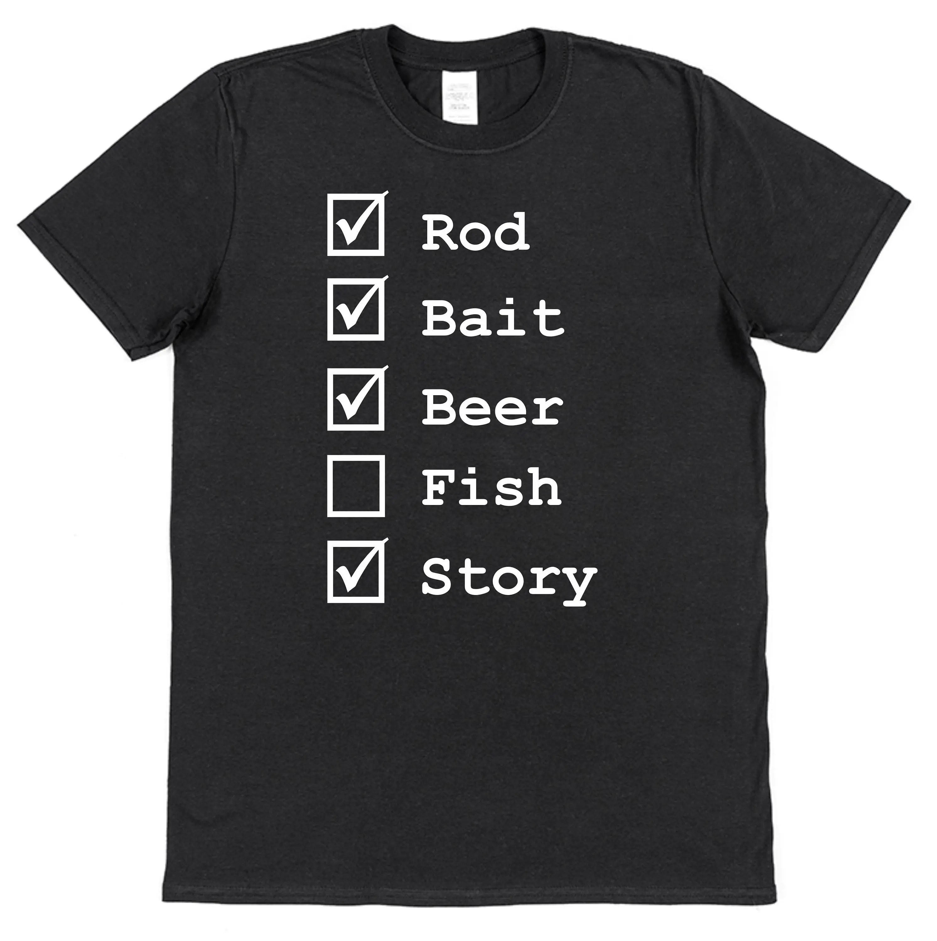 Funny Fishing Checklist Tickbox Black or Green Cotton T Shirt For Fisherman Angler Carp Bass Father's Day Amusing