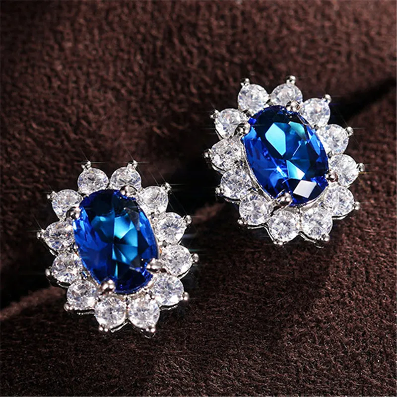 925 فضة موضة عباد الشمس شكل وأقراط النساء الرائعة البيضاوي مكعب زركونيا الفاخرة الإناث مجوهرات الحفلات هدايا