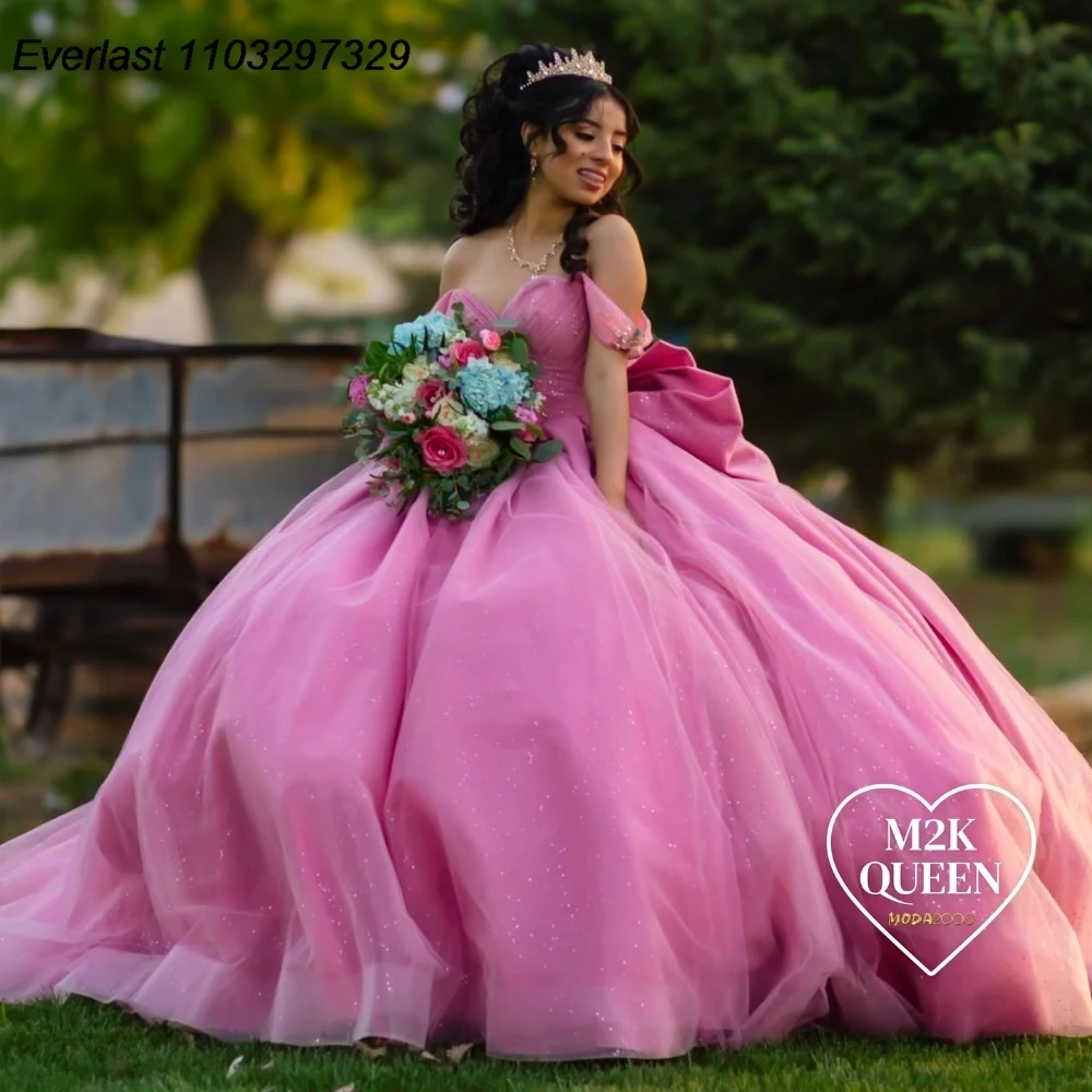 EVLAST dostosowana różowa sukienka na quinceanera suknia balowa aplikacja z kokardką z koralików meksykański gorset Sweet 16, Vestido De 15 Anos QD1086