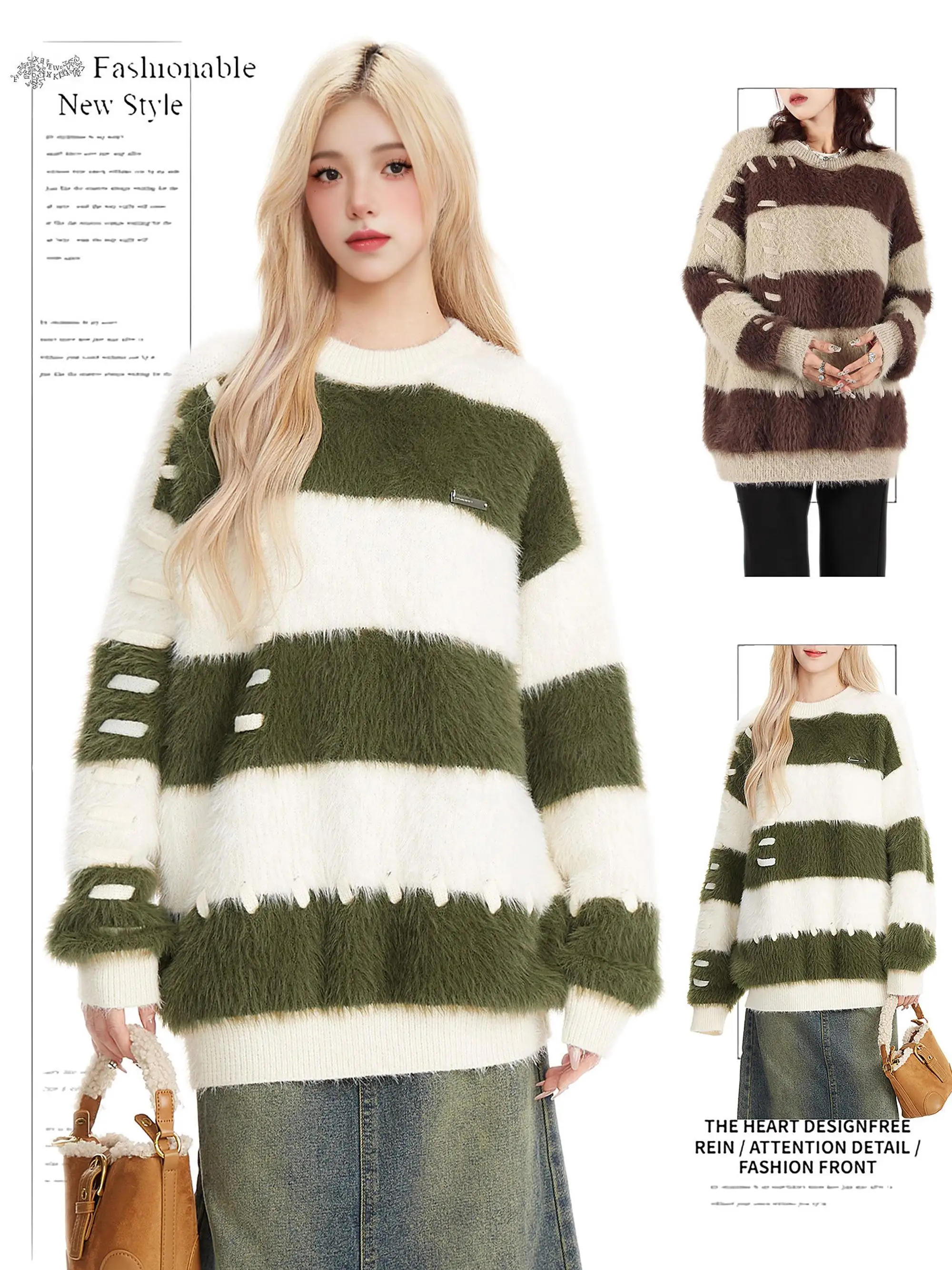 

Women's Striped Pullover Mohair Sweater 90s Aesthetic Y2k Vintage Long Sleeves O-Neck Knitted Jumper Sweaters 2000s Clothes 2025