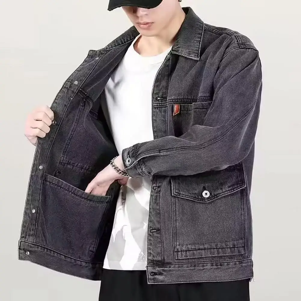 Botões na moda lapela comprimento médio casaco masculino outerwear denim jaqueta single-breasted para uso diário