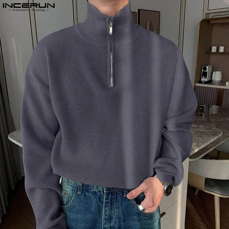 

INCERUN Men's Pullovers Solid Color Lapel Long Sleeve Zipper Knitted Casual Male Sweaters Streetwear 2024 Fashion Men Clothing