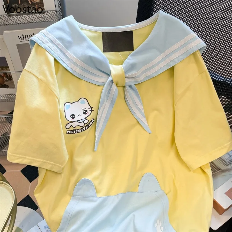 اليابانية Kawaii لوليتا نمط تي شيرت المرأة الحلو الكرتون القط طباعة بحار طوق بلوزات فضفاضة الصيف الفتيات Y2k جماليات تيز