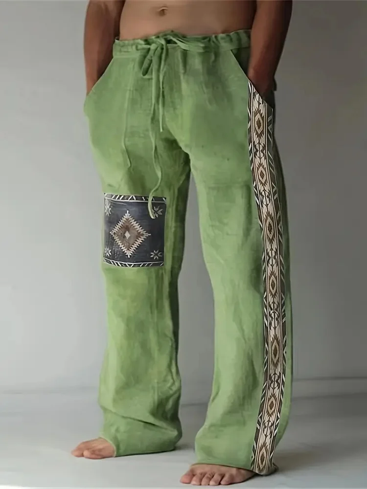 الرجعية البوصلة المطبوعة سراويل تقليدية للرجال Harajuku الشارع العصرية الرجال مستقيم الساق السراويل عادية عالية الخصر الرباط السراويل