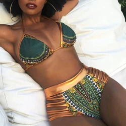 Gold Hanging Neck High Waist Print Strap Bikini, Sexy Swimsuit, New Europe, America and South Africa, Hot