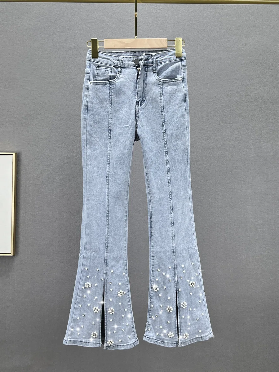 

Elastic High Waist Slim Fit Diamond Embellied Bell Bot Jeans Women's Spring Summer Cotton Stretch Denim Skinny Jeans