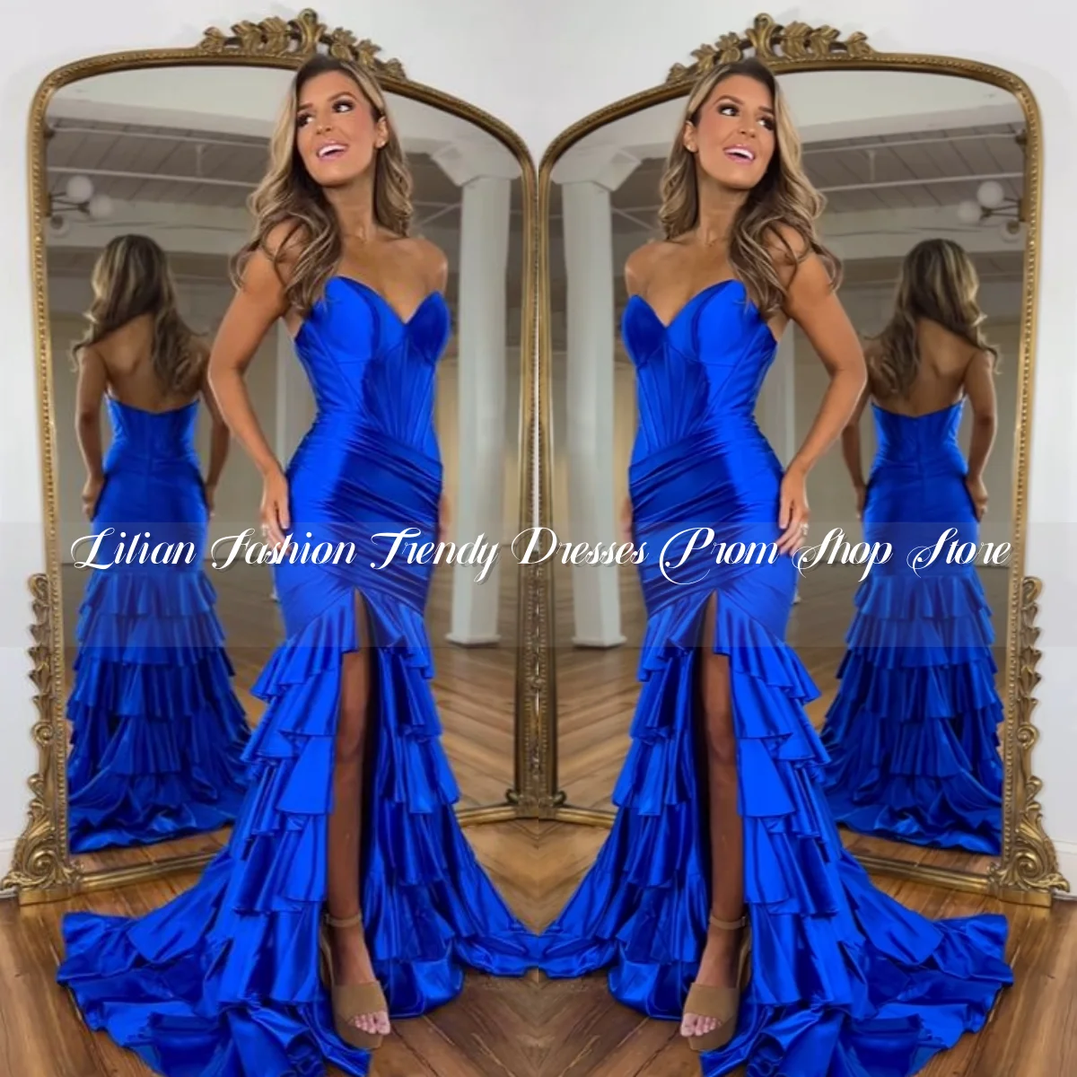 Vestidos de noite de cetim azul com pedras preciosas brilhantes para mulheres, elegante bainha com babados divididos, celebridade personalizada, baile de formatura huma hale kuе пла coiе