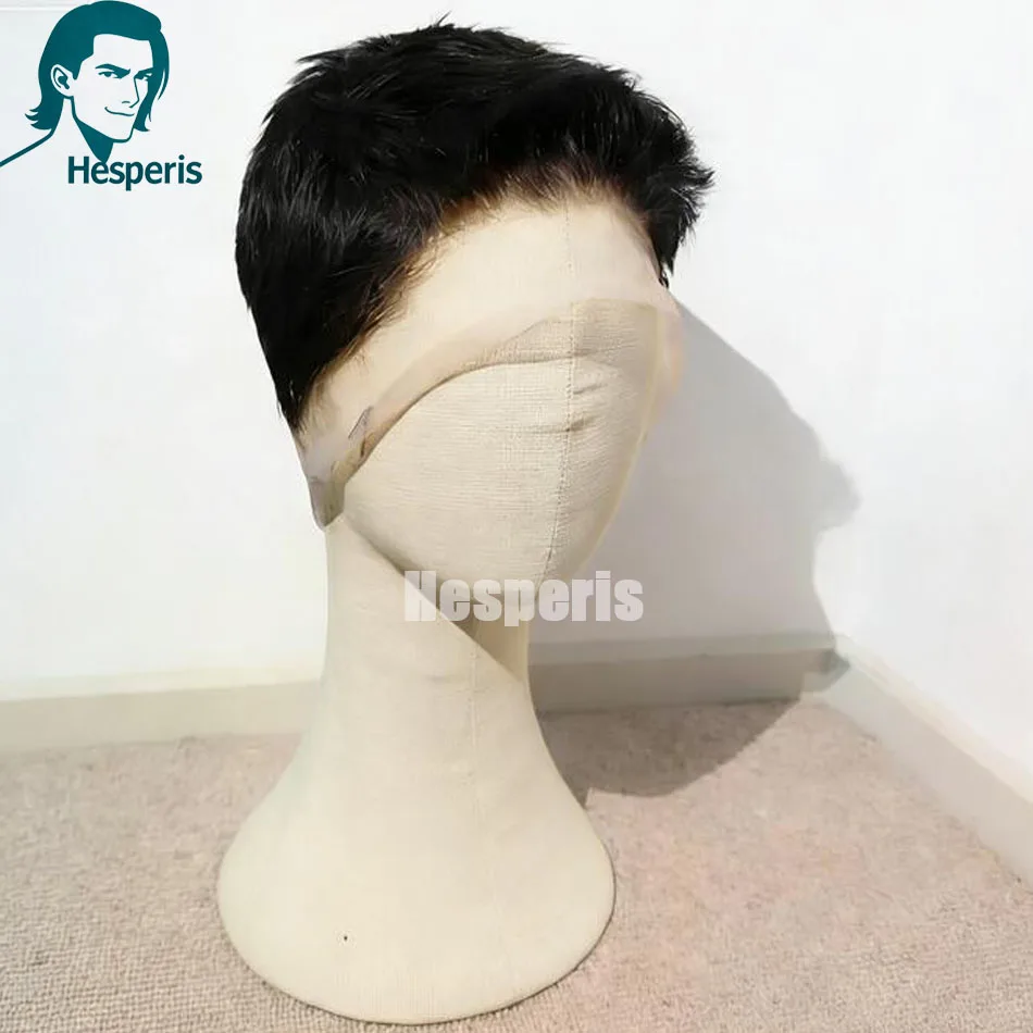 

Мужской парик Hesperis Black Full Lace Pixie Cut из бразильских волос Реми, с предварительно срезанной линией роста волос, полностью на кружевной основе