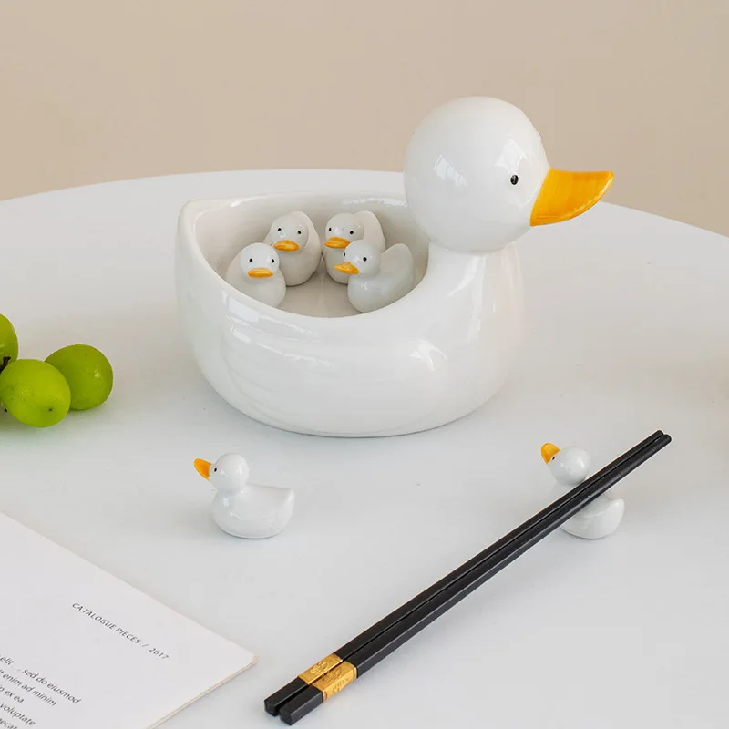 Cute Little Duck Chopstick Holder Tray White Rabbit Dining Table Storage Container Porcelain Plate