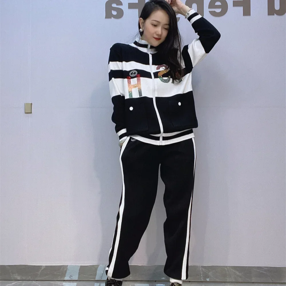 

Fashion Loose Side Stripe Pant Set Autumn Women Clothes Bear Pattern Hot Diamond Zipper Cardigan Top 2 Piece Sets Womens Outfits
