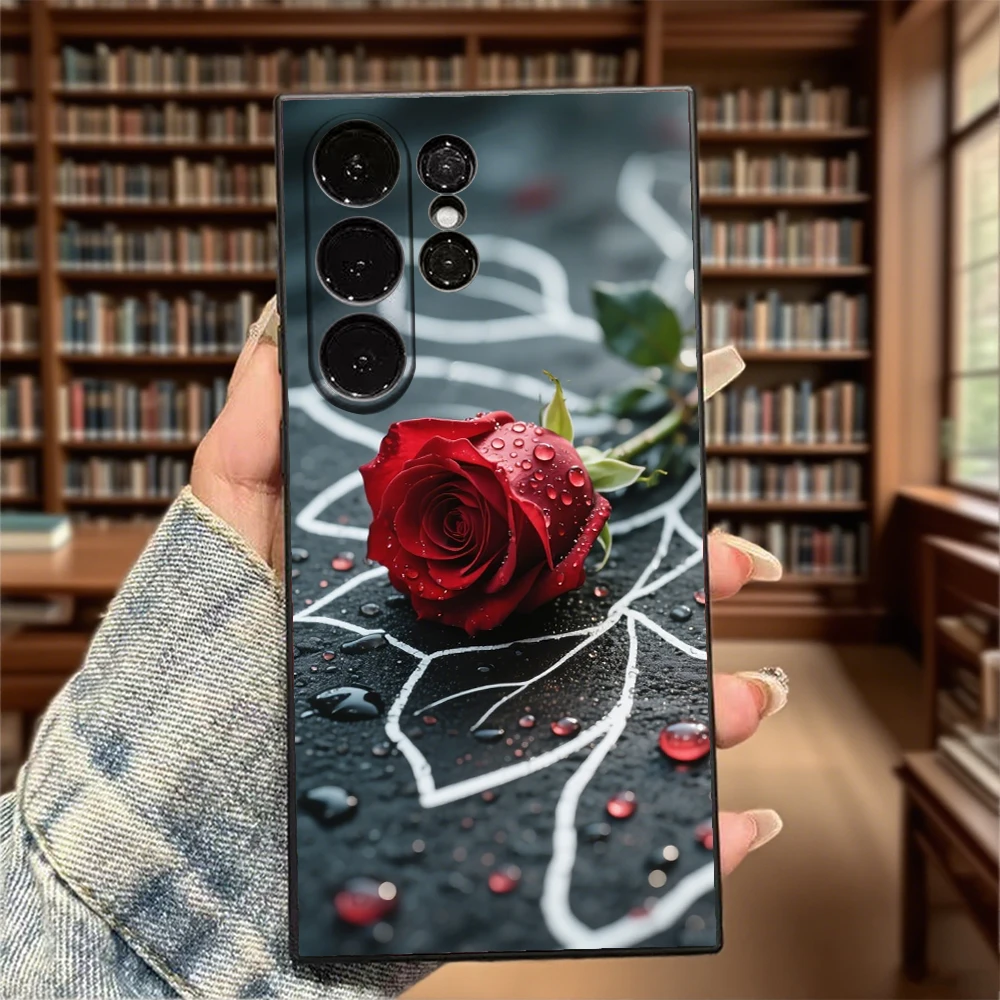Red Rose with Water Drops Case for Samsung Galaxy S25 S24 Ultra S23 S22 S21 S20 FE Plus Soft TPU Slim Fit Shockproof Cover