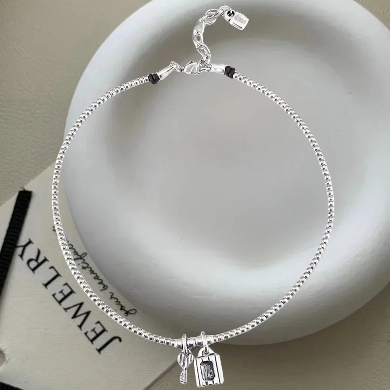 New Hot Selling High-quality Cute Summer Sweetheart Crystal Padlock Key, Round Bead Collarbone Chain, Women's Jewelry Gift