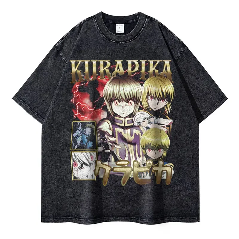 Kurapika T-shirts Vintage Washed Anime Hunter x Hunter T Shirt Oversize Manga Killua Gon Hisoka Chrollo Tops Tees Men 100% 2024