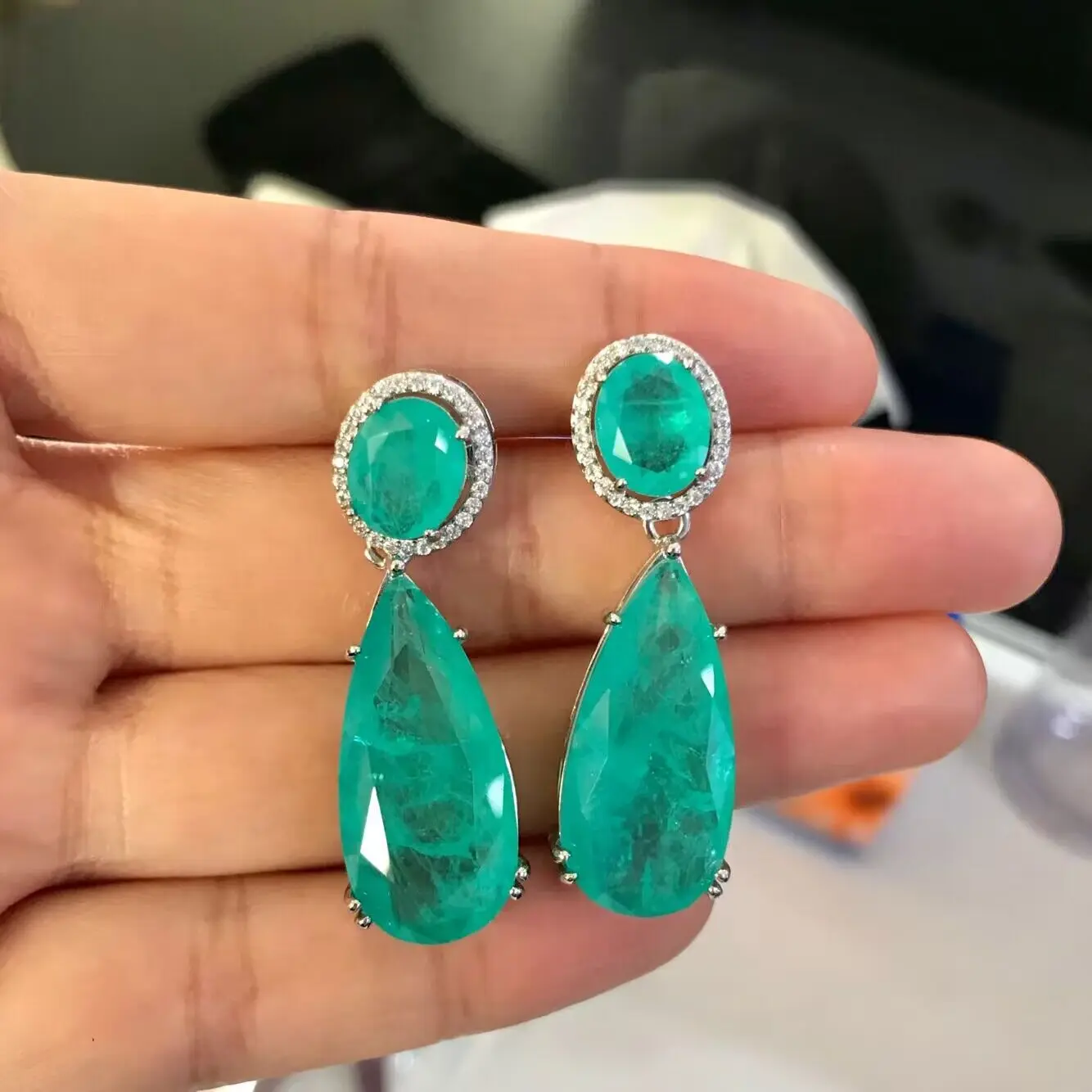 EYIKA Luxury Silver Color Paraiba Tourmaline Green Fusion Stone Big Pear Shape Drop Earrings For Women Party Fine Jewelry Giifts