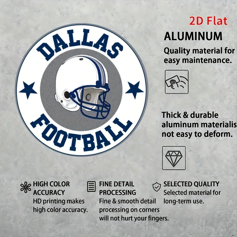 [مسطح] قطعة واحدة من لافتة ألومنيوم عتيقة مقاس 8 × 8 بوصة من دالاس لكرة القدم - تصميم كلاسيكي مع خوذة ونجوم، فن جداري معدني متين لـ Sp
