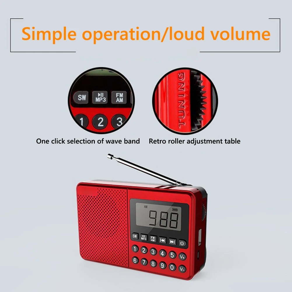 M168 FM/AM/SW Full-band 21-band Portable Radio LED Digital Display Screen MP3 Player Power Failure Memory Gifts For Elderly