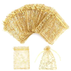 Organza Gift Bags 100Pcs Gold Sheer Organza Bag Mesh Favor Bags Drawstring Jewelry Rattan Printed Gift Pouches Gifts Candy Bags