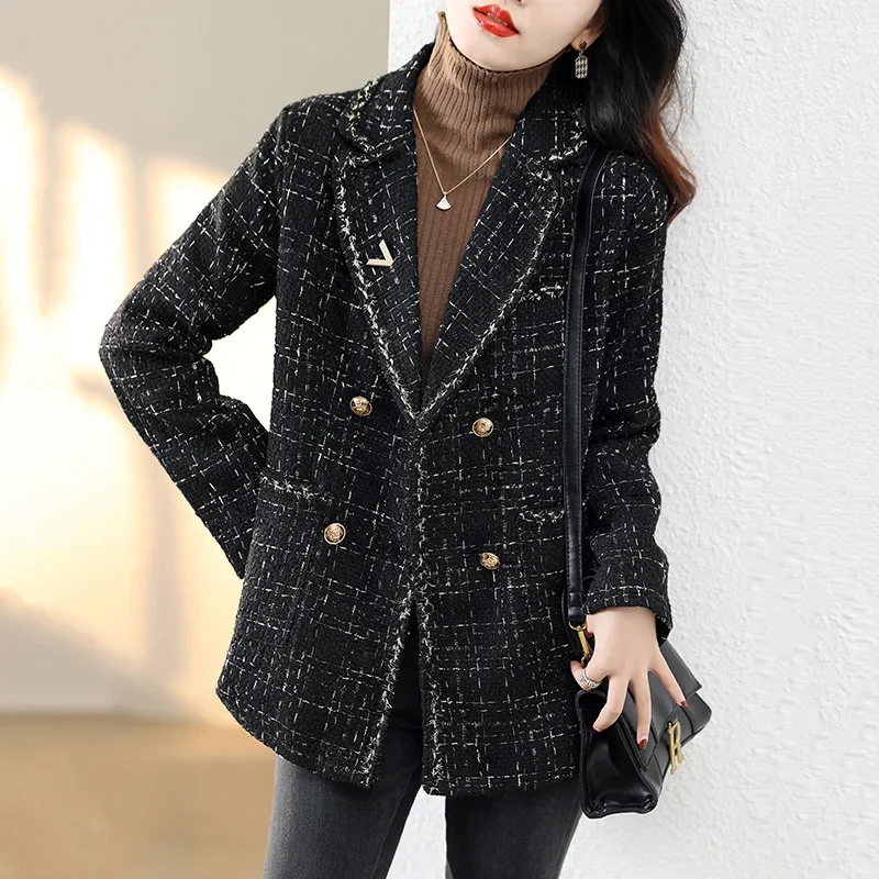 Giacca da donna elegante in tweed scozzese doppiopetto slim fit, cappotto a quadri intarsiato, giacca in tweed a maniche lunghe, capispalla vintage