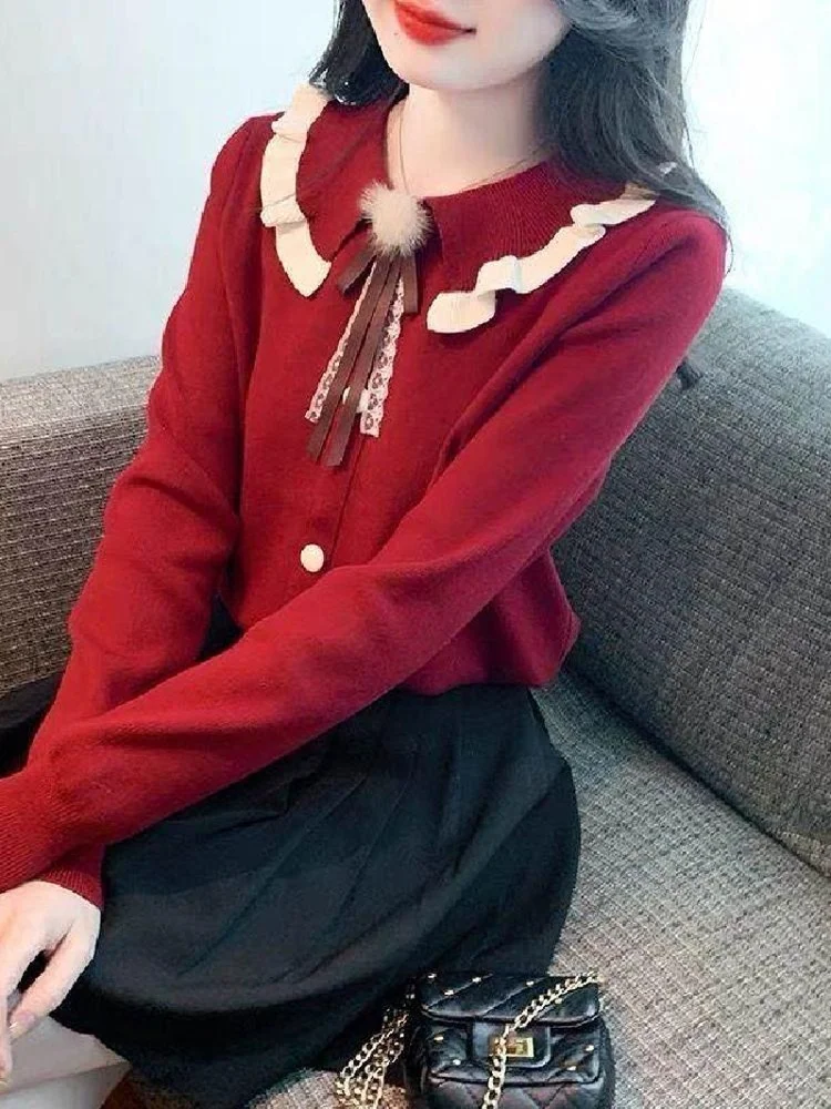 faionable-knot-sweater-women's-autumn-winter-2025-new-doll-collar-knitted-top-unique-design-two-piece-set