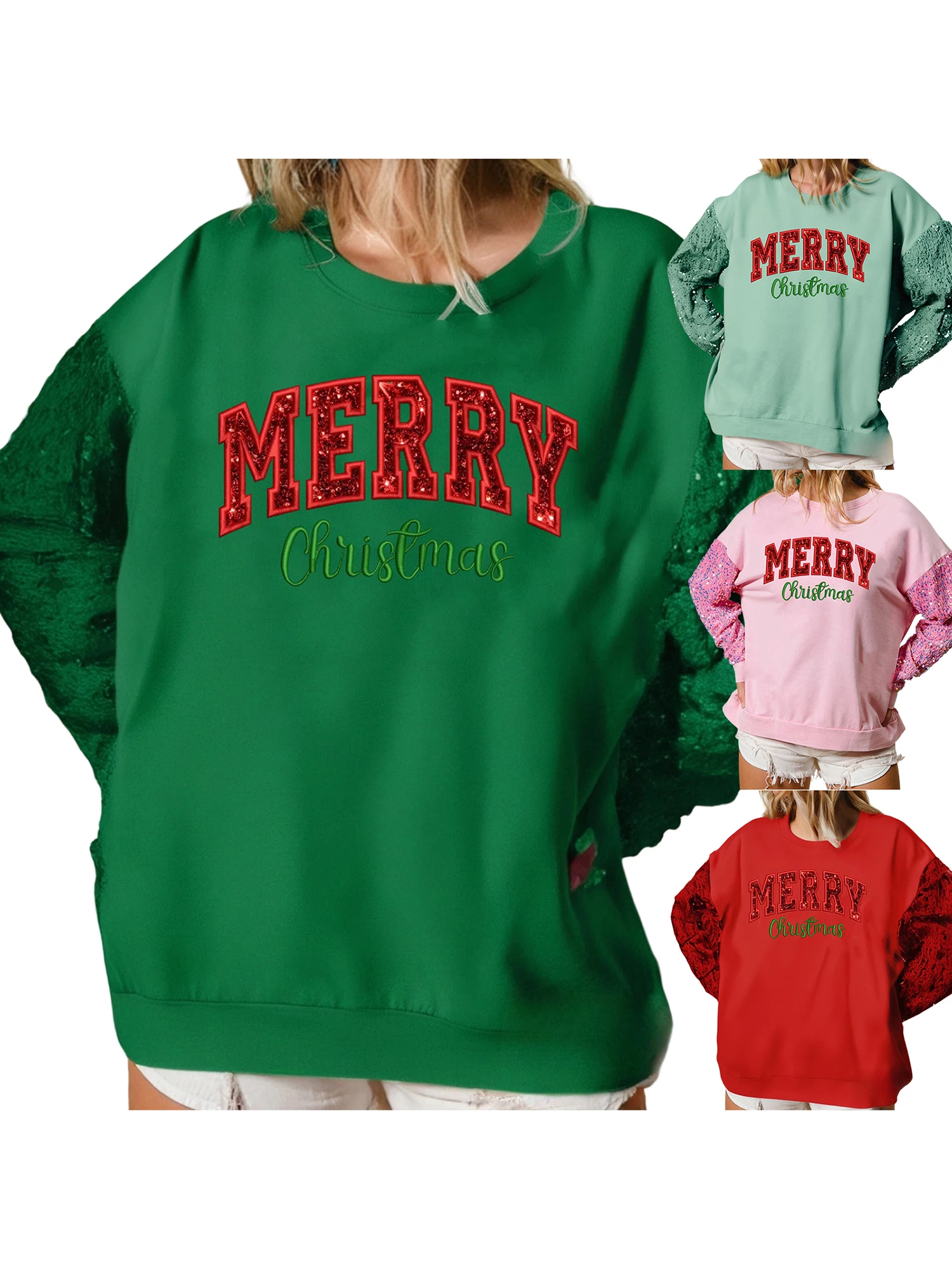 女性のカジュアルクリスマスセーター長袖ラウンドネックスパンコール文字刺繍ジャンパートッププルオーバースウェットシャツ