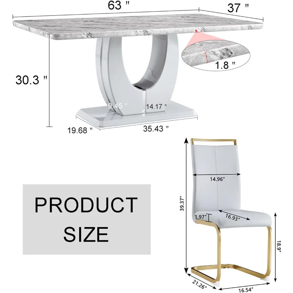JUFU Dining Table Set for 6,Marble Dining Table Set Modern Dining Room Table Set for 6, Pu Leather Chairs for Kitchen Room