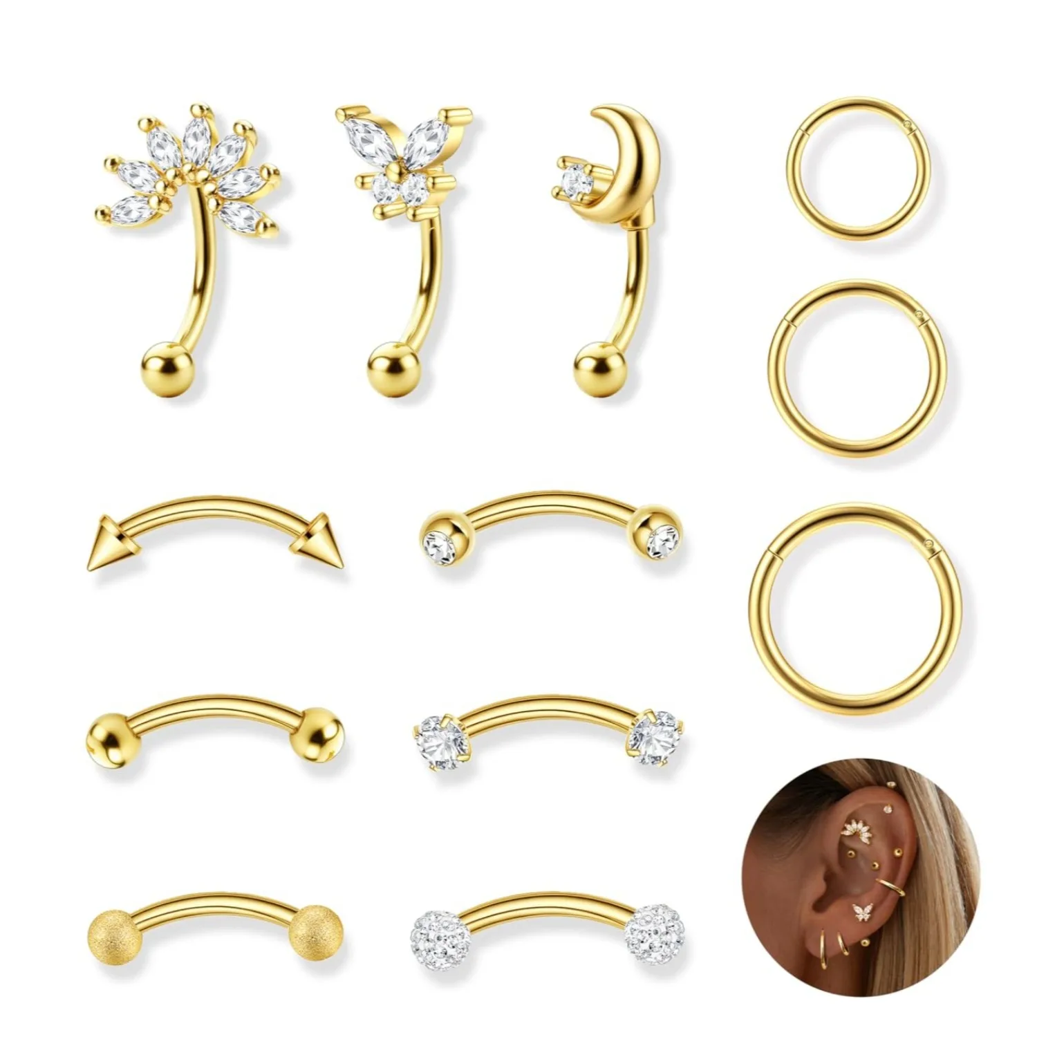 Bobisty 16G Rook Piercing Schmuck Augenbrauenringe Edelstahl Bauchnabellippenring Gebogene Knorpel-Creolen CZ Körperpiercing
