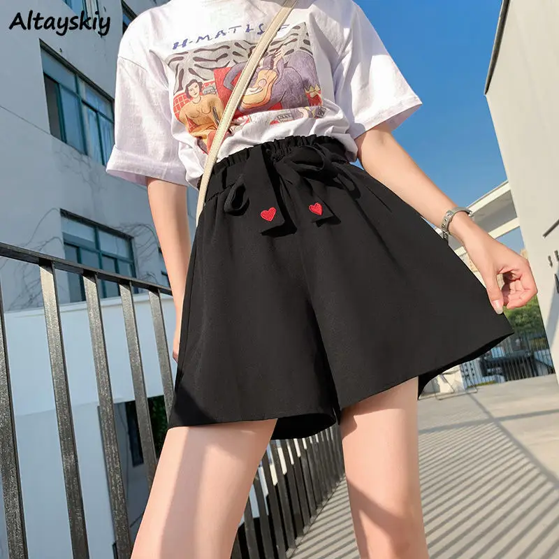 

Hot Sale Shorts Women Sweet Chiffon Wide Leg Trousers Harajuku Kawaii Sashes Heart Embroidery Loose High Waist All-match Chic