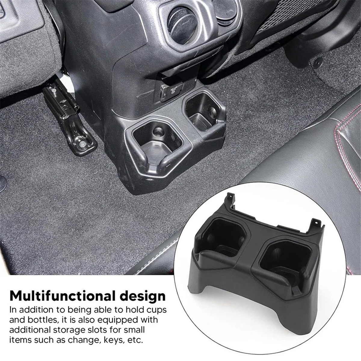 Car Rear Seat Floor Central Console Cup Drinks Holder 6BN67TX7AB 6BN67TX7AC for Jeep Wrangler 2021-2023 Storage Box