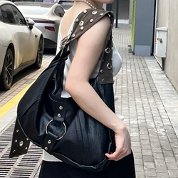 Moto & Biker Bags For Women Luxury Designer Handbag Large Capacity Pu leather Y2K Rivet Wide Straps Underarm Shoulder bags