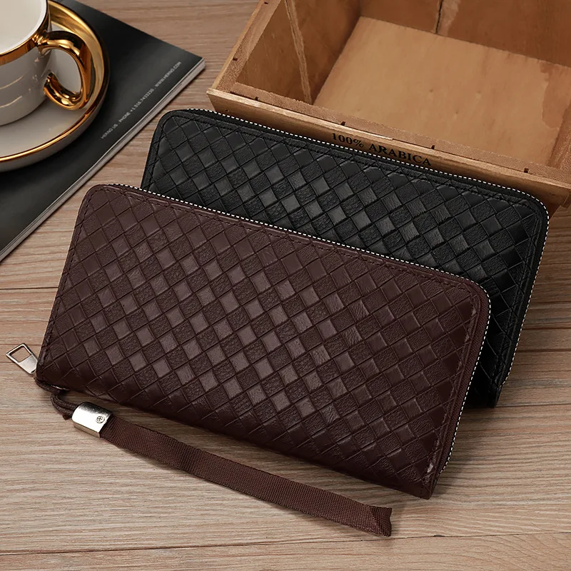 PU Leather Long Wallets Men's Woven Business Brown Wallet Retro Long Card Holder Coin bag Pocket Purse Mobile Phone Clutch Bag