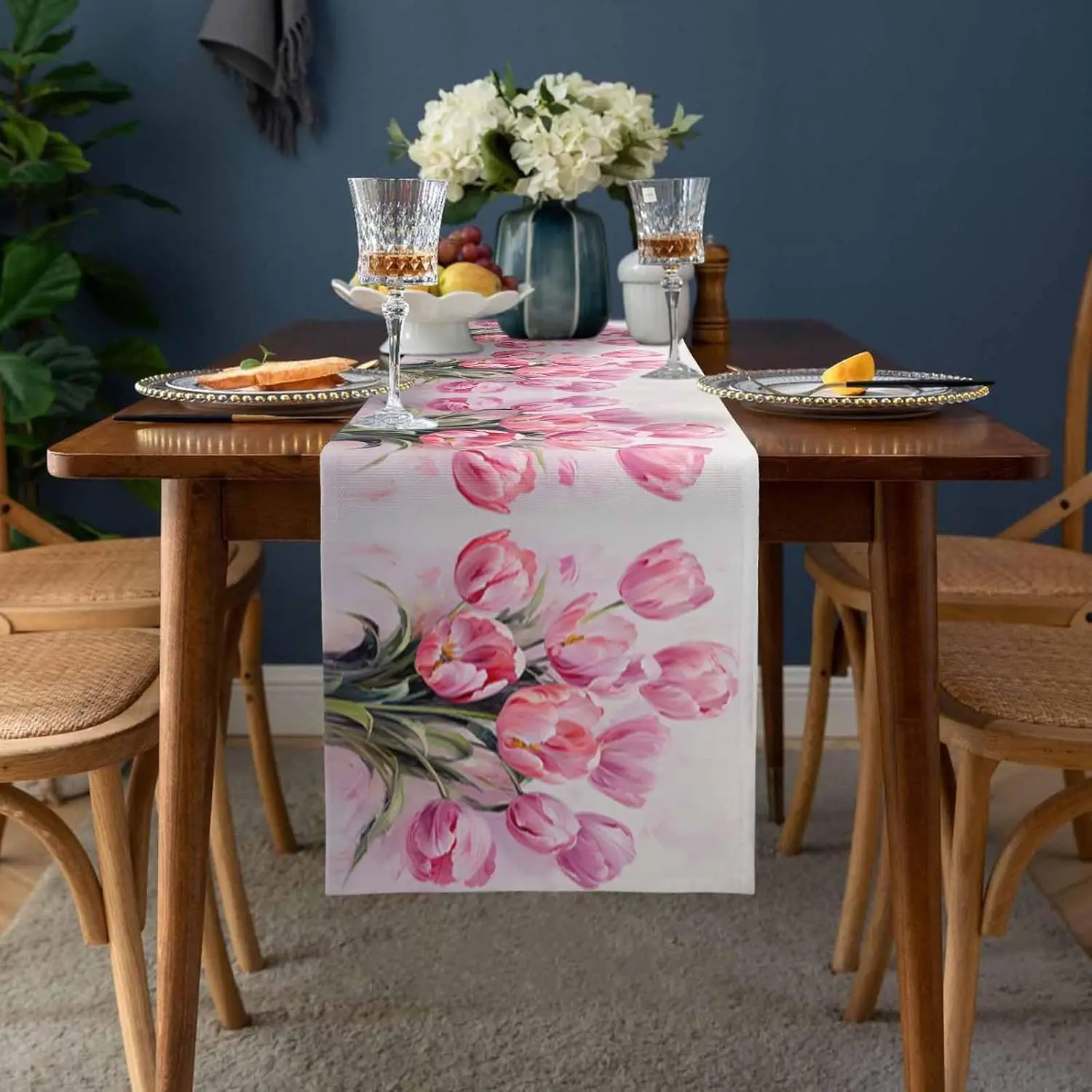 Happy Easter Watercolor Tulip Linen Table Runner Wedding Party Decor Spring Plants Pink Flowers Table Runners Dining Table Decor