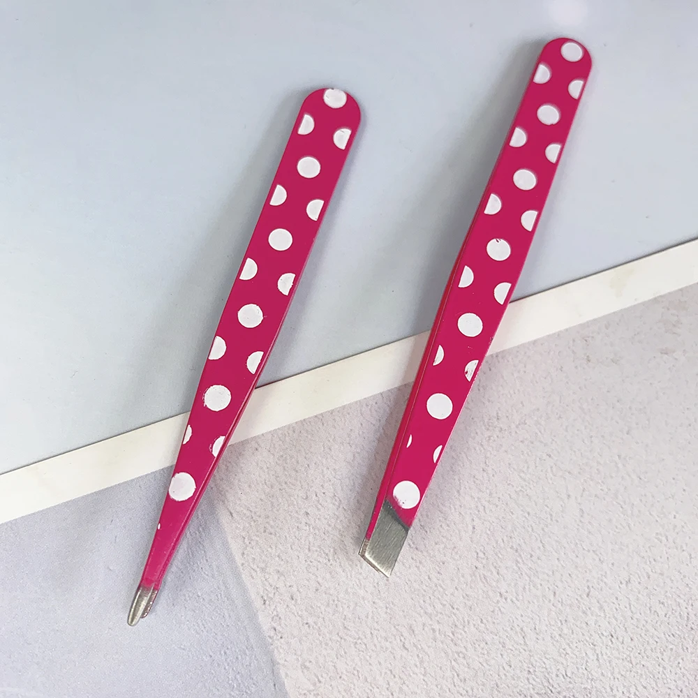 Hair Removal Tweezers Stainless Steel Eyebrow Clips Mini Pink Dots Slanted Flat Tip Point Eyebrow Trimmer Beauty Tools for Women