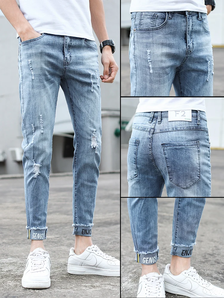 

Мужские джинсы Slim Fit 2025: Новинка, модные светлые трендовые брюки с рваными элементами, длина 7/8, весна-осень, смесь хлопка и полиэстера