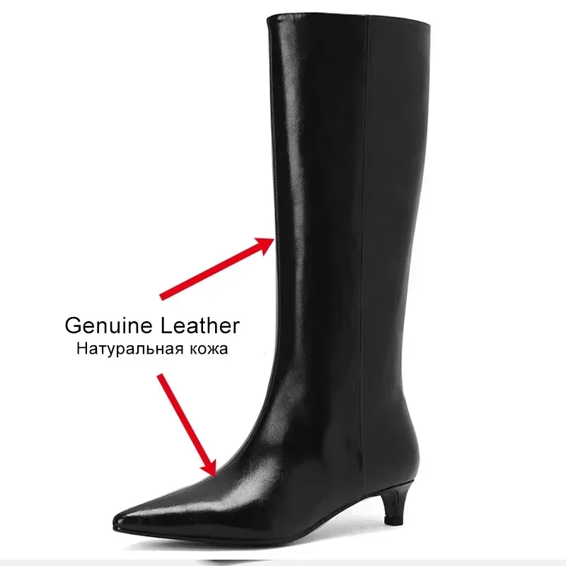 JOZHAMTA Size 34-43 Knee High Boots For Women Genuine Leather Sexy Pointy Kitten Heels Shoes Winter 2025 Wide Calf Long Boots