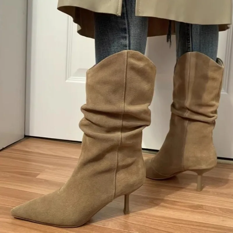 

High Heels Women Pointed Toe Long Boots Fashion Suede Winter New Shoes 2025 Designer Elegant Party Pumps Dress Zapatillas Mujer