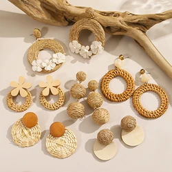 AENSOA Hollow Handmade Weaving Rattan Flower Earrings Wooden Round-headed Personality Multiple Style Design Womem's Jewelry Gift