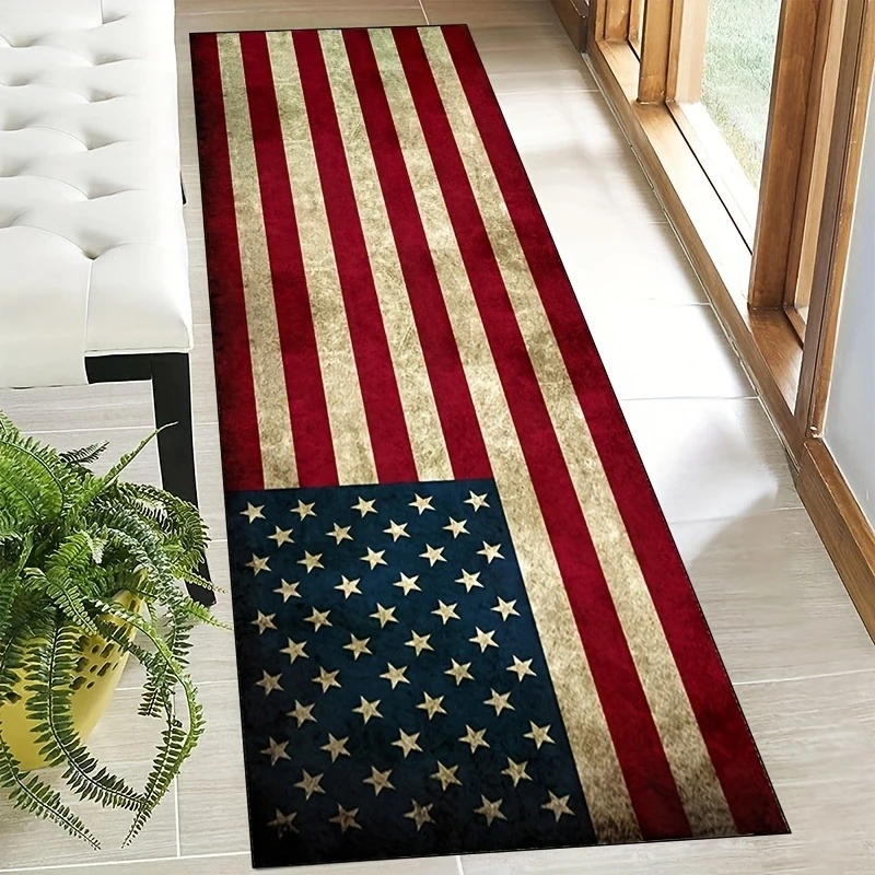 VIKAMA Vintage American Flag Runner Rug, Non-Slip Washable Hallway Carpet, Patriotic USA Star Stripe Print Floor Mat for Entrywa