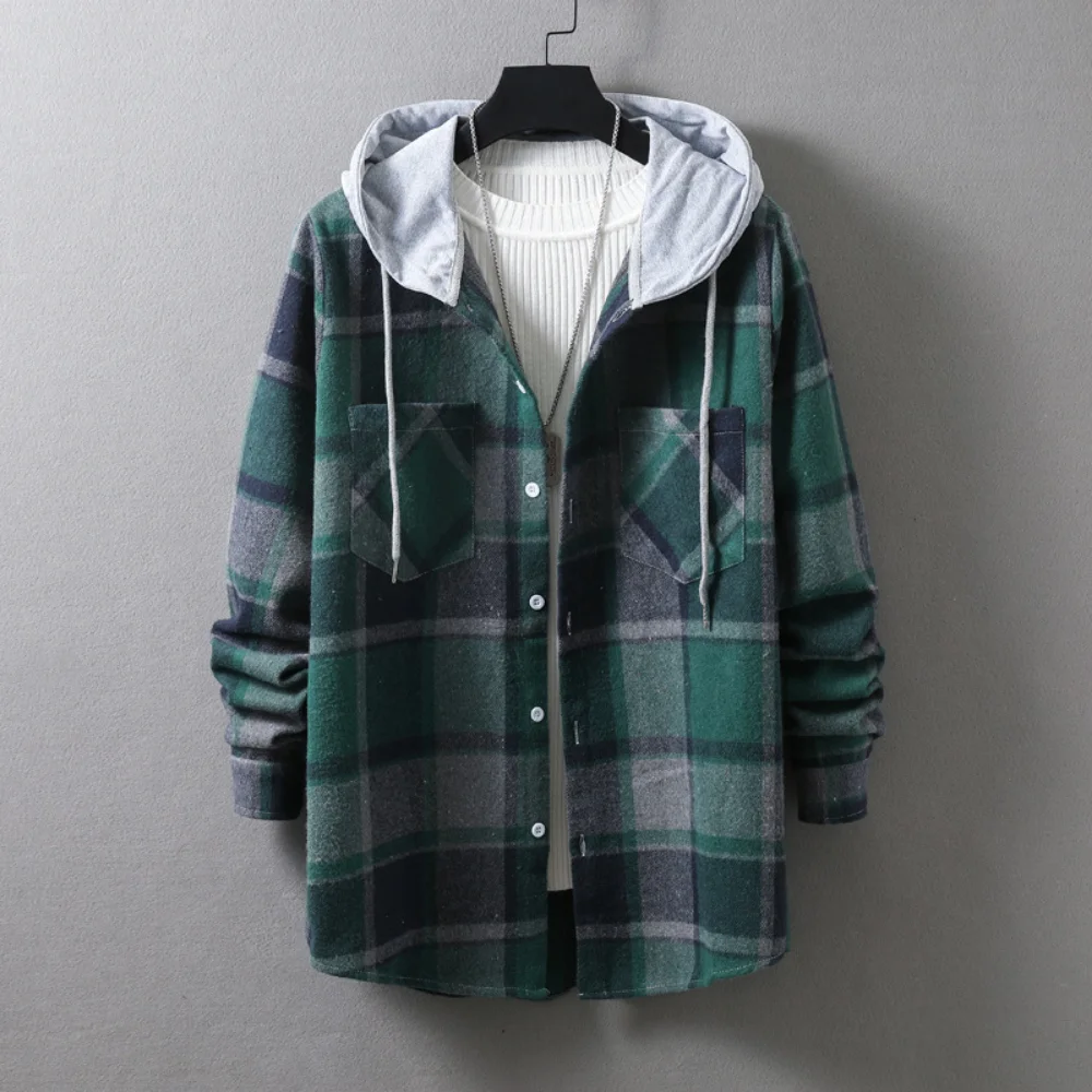 Autumn Winter Men Jackets Harajuku Plaid Shirts Coats Hooded Long Sleeve Basic Casual Shirts Jackets European ropa hombre