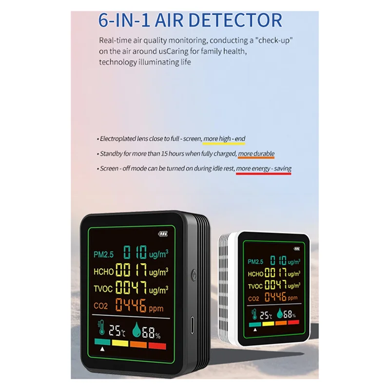 BAAY MT07WT 6-w-1 Monitor Jakości Powietrza Wewnętrznego PM2.5 Domowy HCHO TVOC CO2 Temperatura Wilgotność Przenośny Tester Do Użytku Domowego Wh