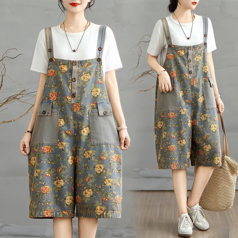 Calças Curtas de Denim Soltas de Verão para Mulheres, Crimento Sete Quartos, Alta Cintura, Estilo Patchwork