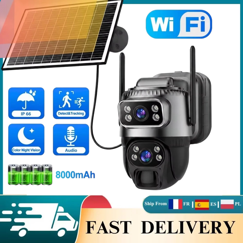 8MP Kamera zewnętrzna zasilana energią słoneczną, z funkcją WiFi, wyposażona w dwa obiektywy o wysokiej rozdzielczości, dwukierunkową transmisję audio, czujnik ruchu PIR, pełnokolorowy tryb nocny, do