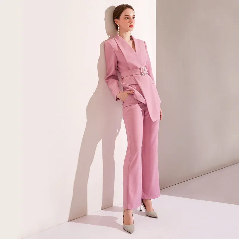 Pop Cintura da donna di alta qualità Abbigliamento da lavoro Blazer Pantaloni Abiti Set 2 pezzi Elegante Slim Fit Rosa formale Office Lady Blazer S