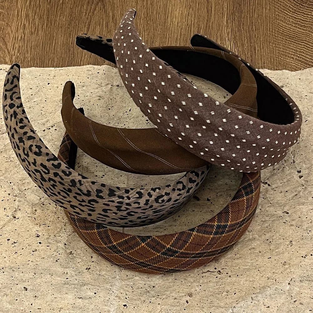 Autumn Winter Women Wide Headband Vintage Leopard Plaid Polka Dot High Cranial Hair Hoop Hair Accessories