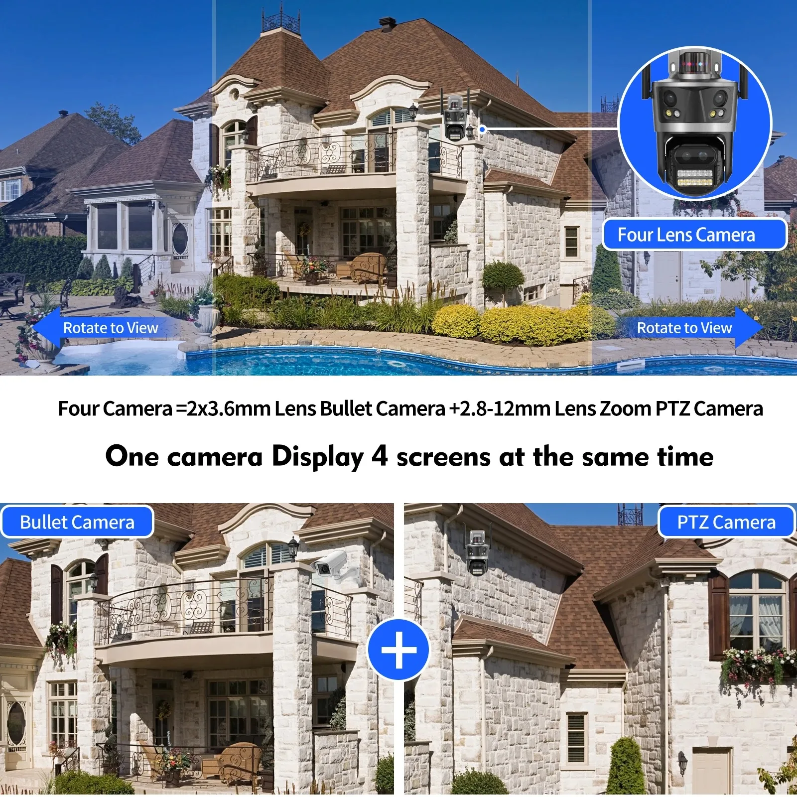 Gadinan في الهواء الطلق واي فاي كاميرا IP PTZ 4-Lens 4-شاشة مراقبة الفيديو 12MP 8X التكبير اللون للرؤية الليلية CCTV كاميرات المراقبة