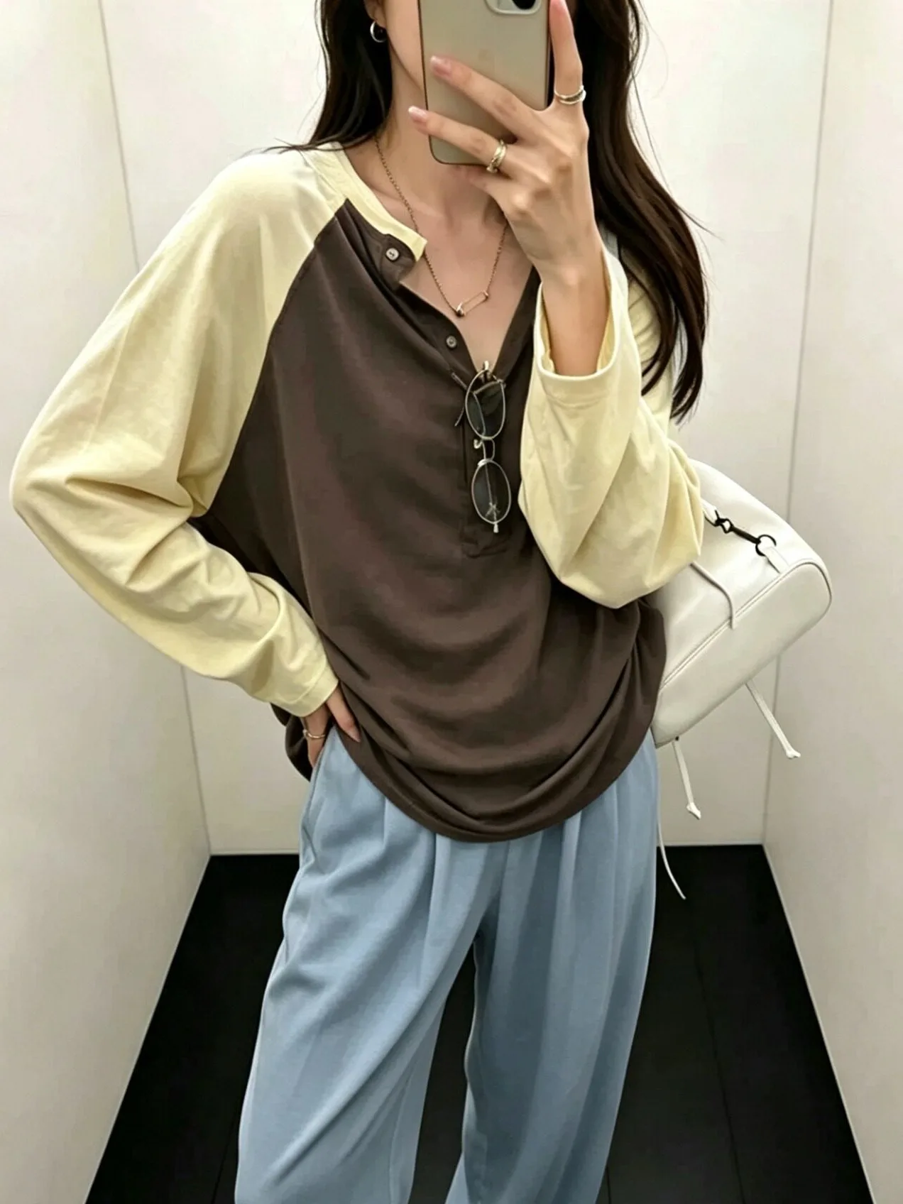 Chic Autumnal Loose Casual Long Sleeve Base Shirt T-Shirt Women's Style Color Block Design Korean Fashion Streetwear