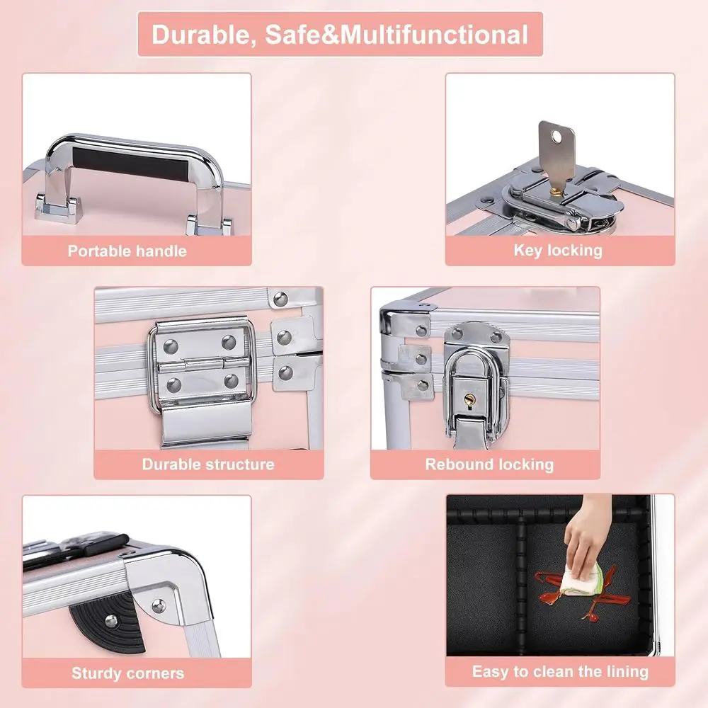 휴대용 메이크업 트레인 케이스, LED 거울, 조절 가능한 정리함, 뷰티 애호가를 위한 핑크색 수납 가방 포함